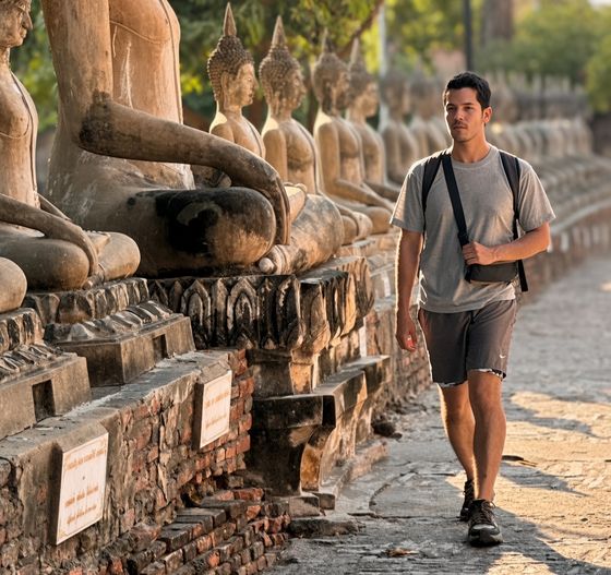 Walking a row of stone Buddhas in Thailand