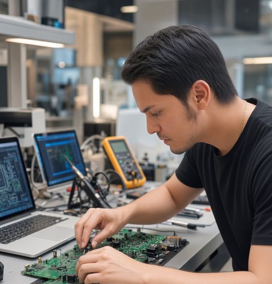 Working at a bench with laptops and a circuit board